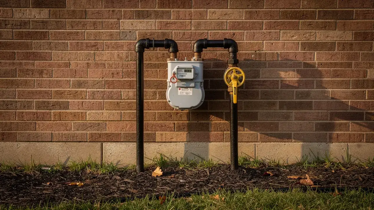 Residential gas meter and black iron gas line with a yellow shutoff valve on a brick wall
