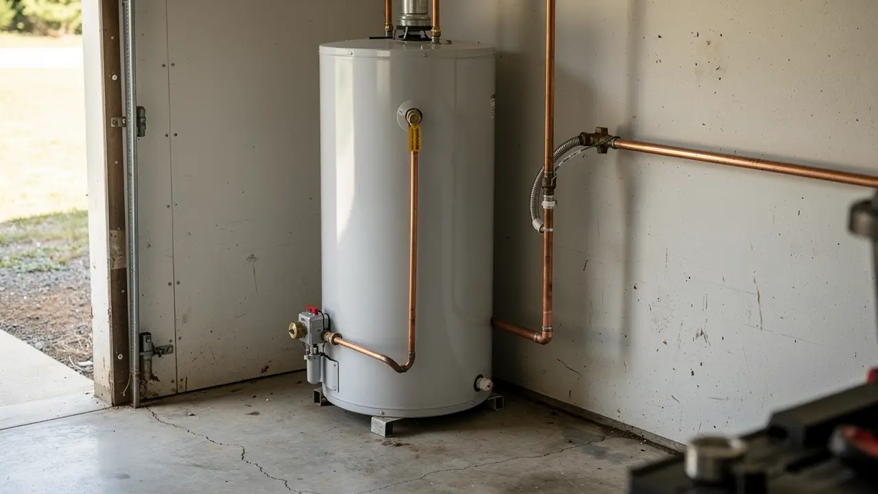 Tank water heater in a garage corner with copper supply lines and a shutoff valve